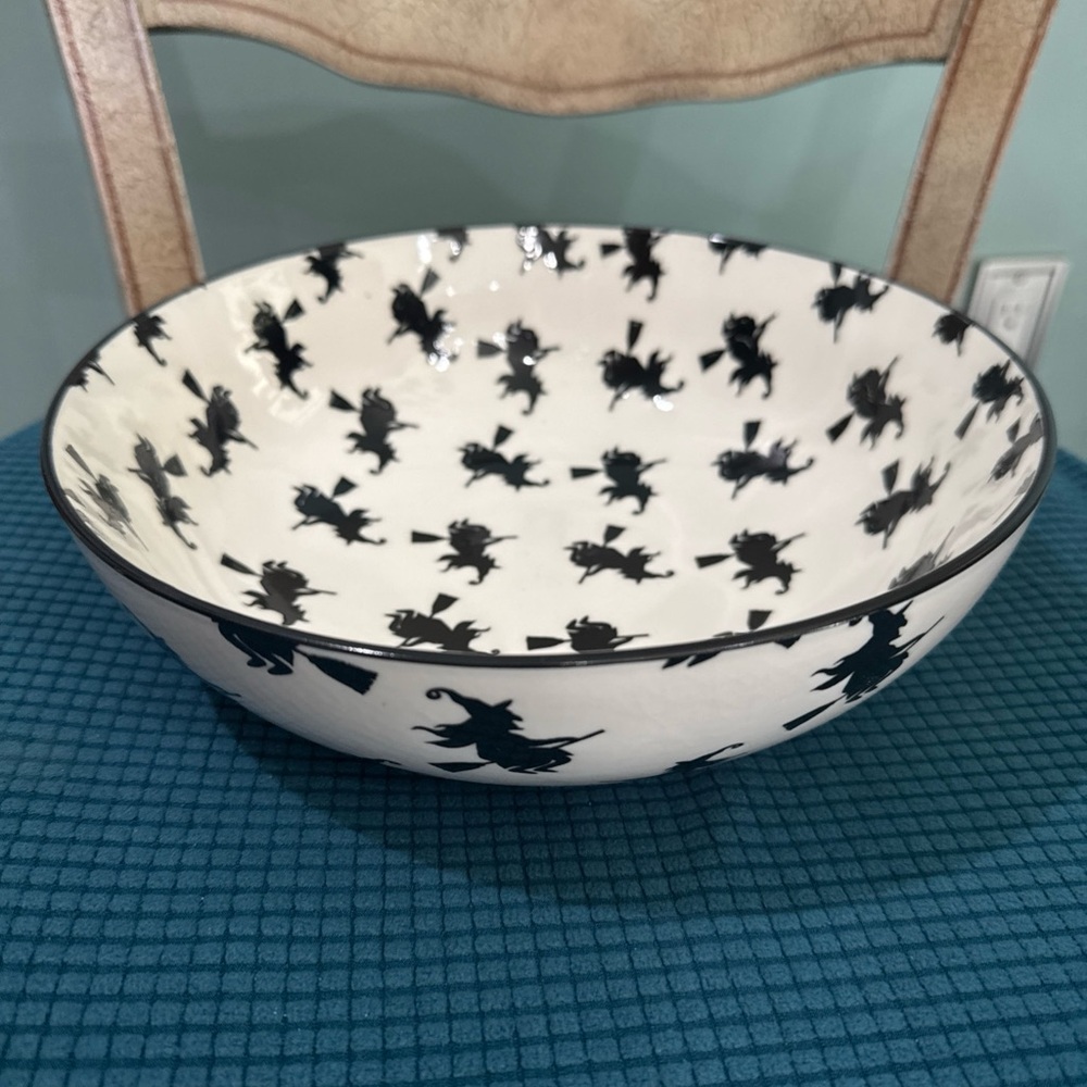 Broom Flying Wicked Witch Black Silhouettes Large White Stoneware Serving Bowl